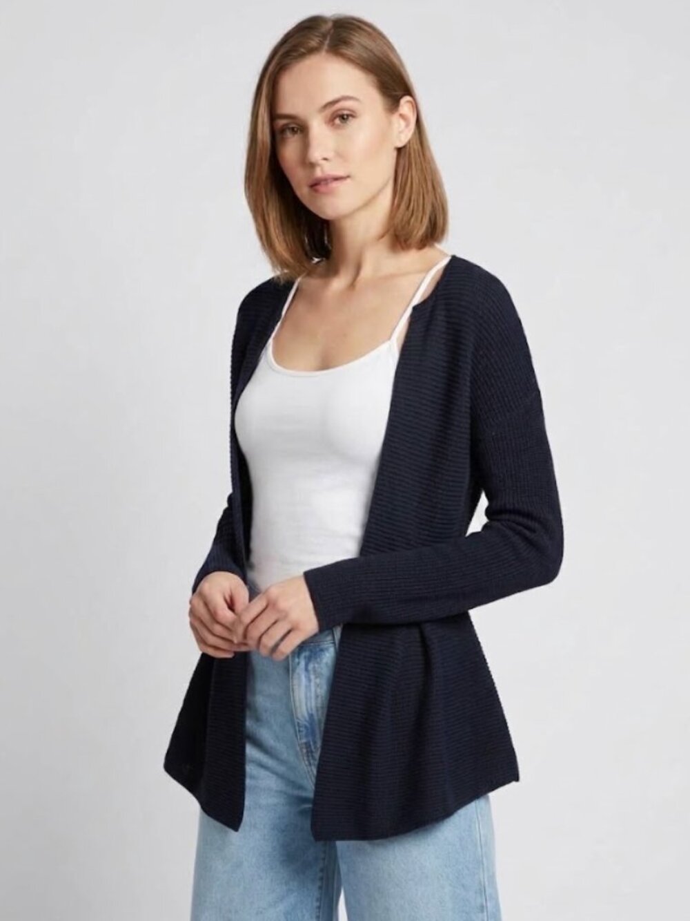 Les Copains | Open Front Ribbed Cardigan Sweater Navy Blue | Size Small*
